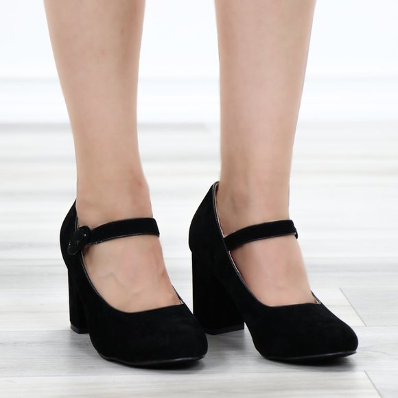 Cute Black Faux Suede Chunky Heel Pumps - Picture 13 of 13